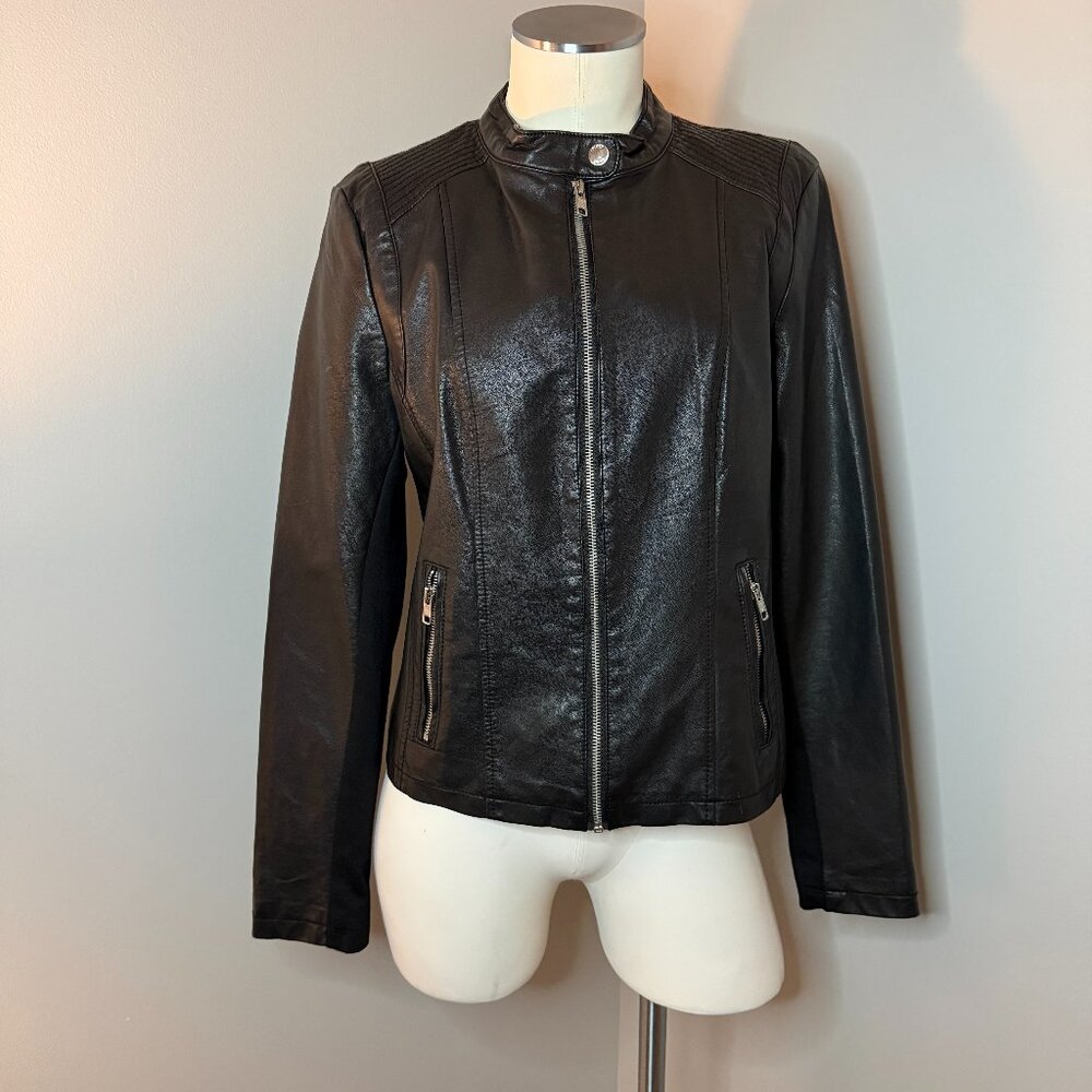 Black Rivet Black Faux Leather Moto Jacket Quilted Shoulder Zip Size M